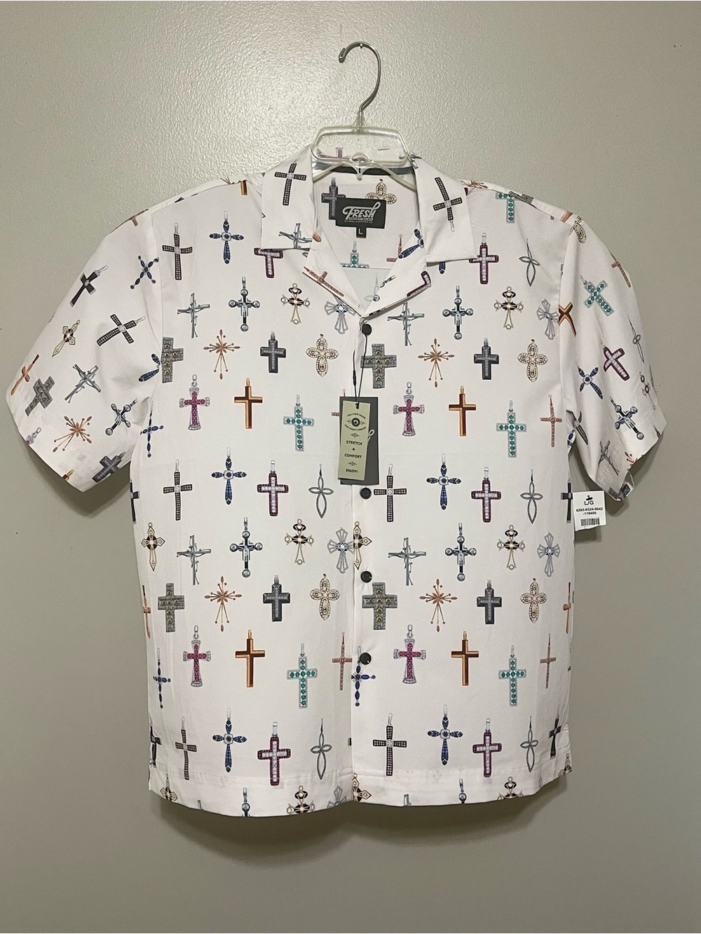 New Men Large Button Up Shirt Short Sleeve All over Cross Print Religious Church